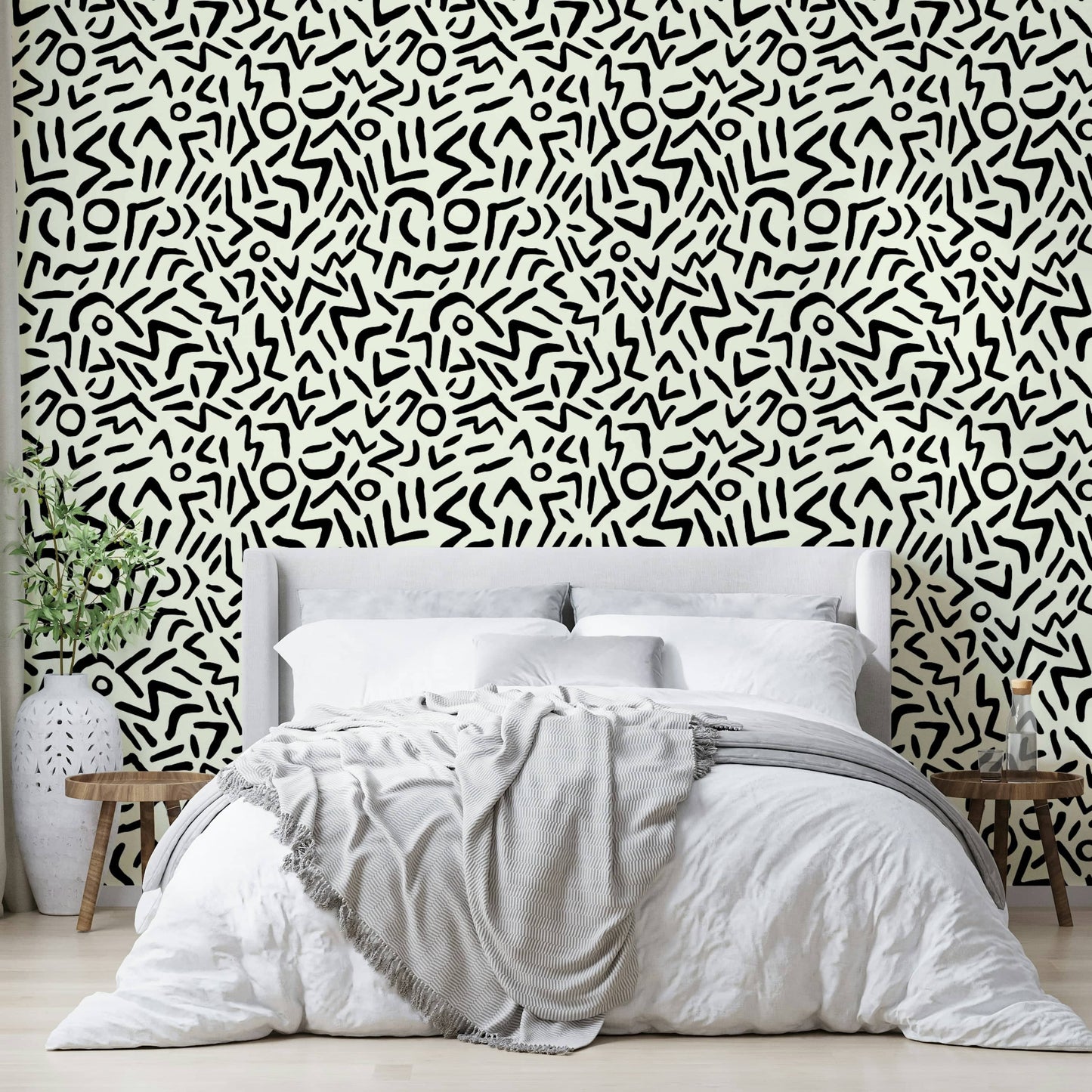 Black ink doodle wallpaper with geometric tribal shapes
