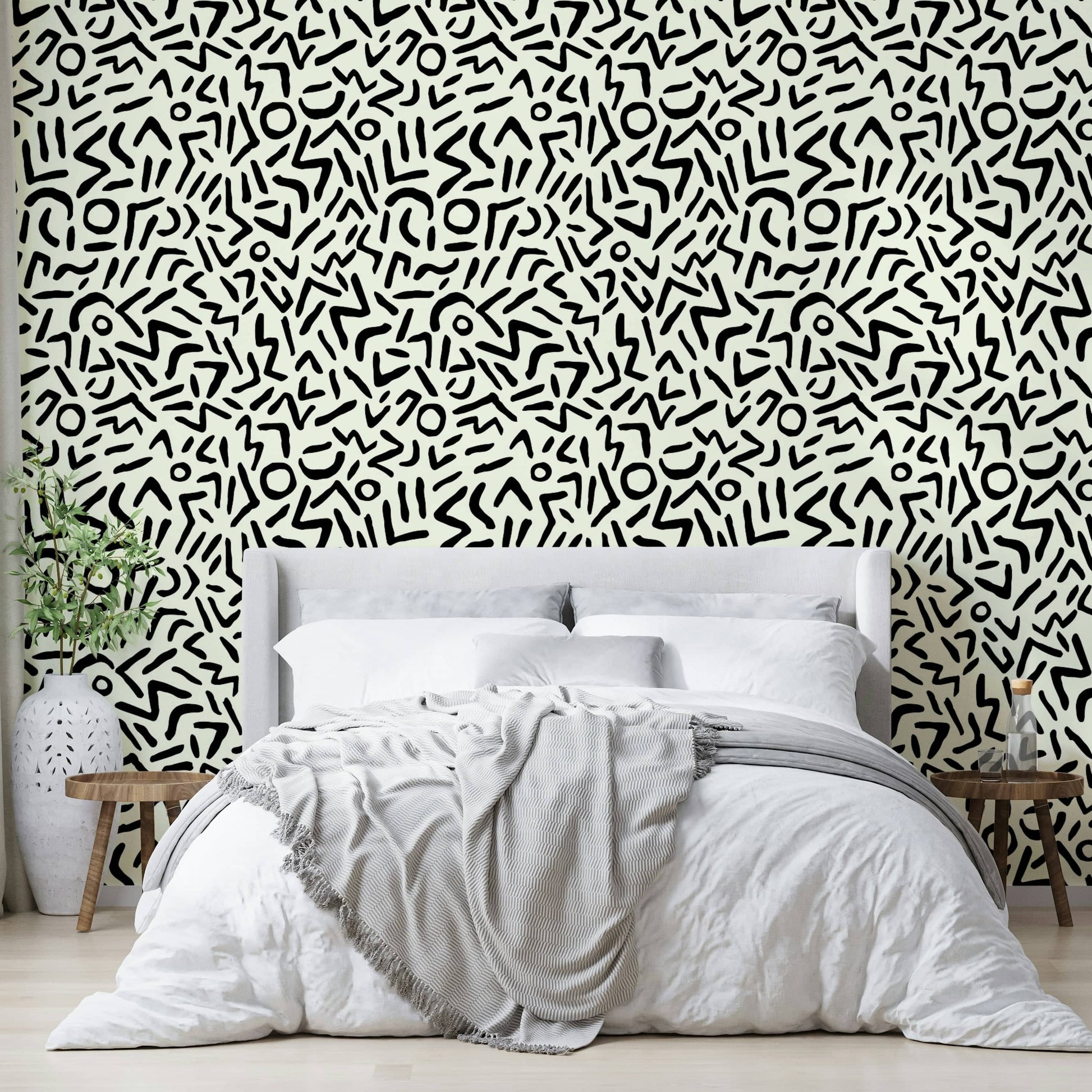 Black ink doodle wallpaper with geometric tribal shapes

