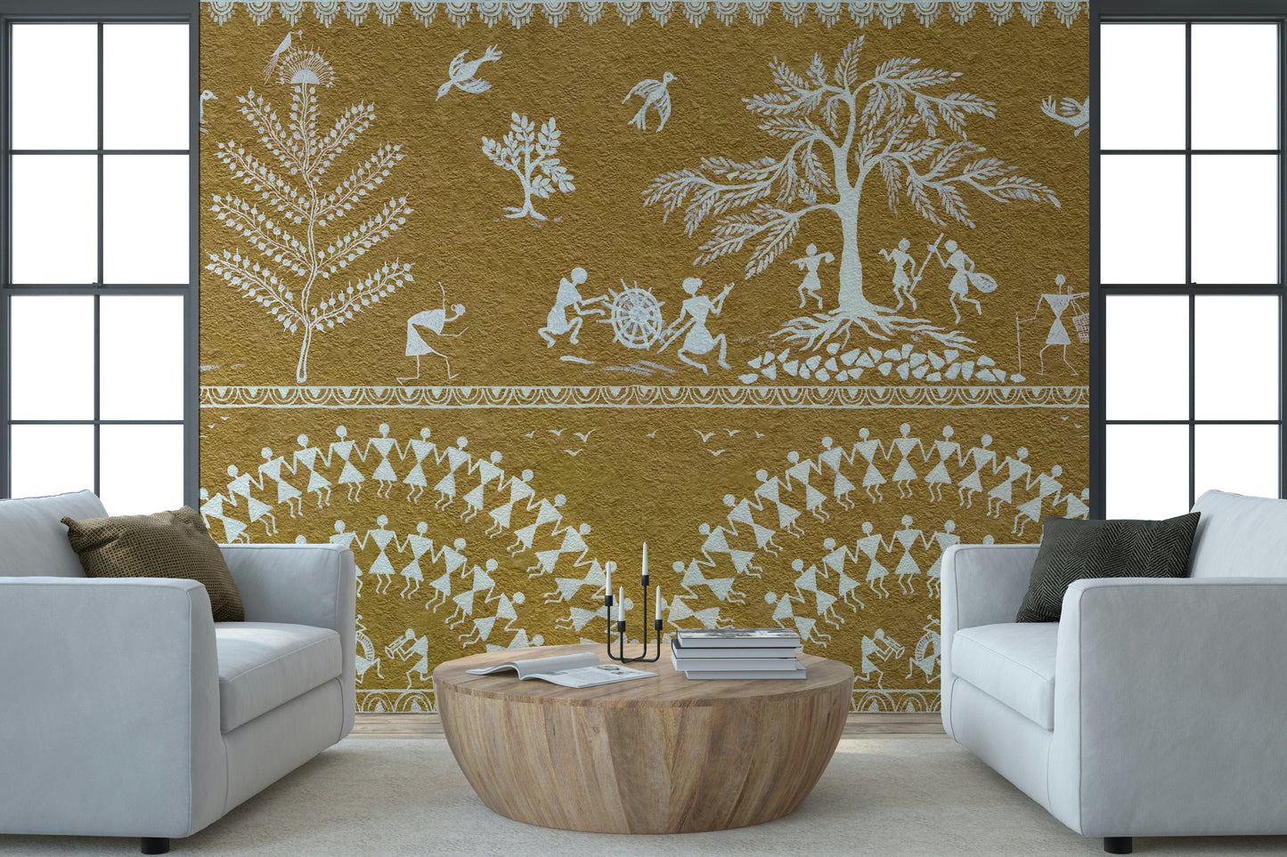 Minimalist ethnic pattern mural on a feature wall in a home office.