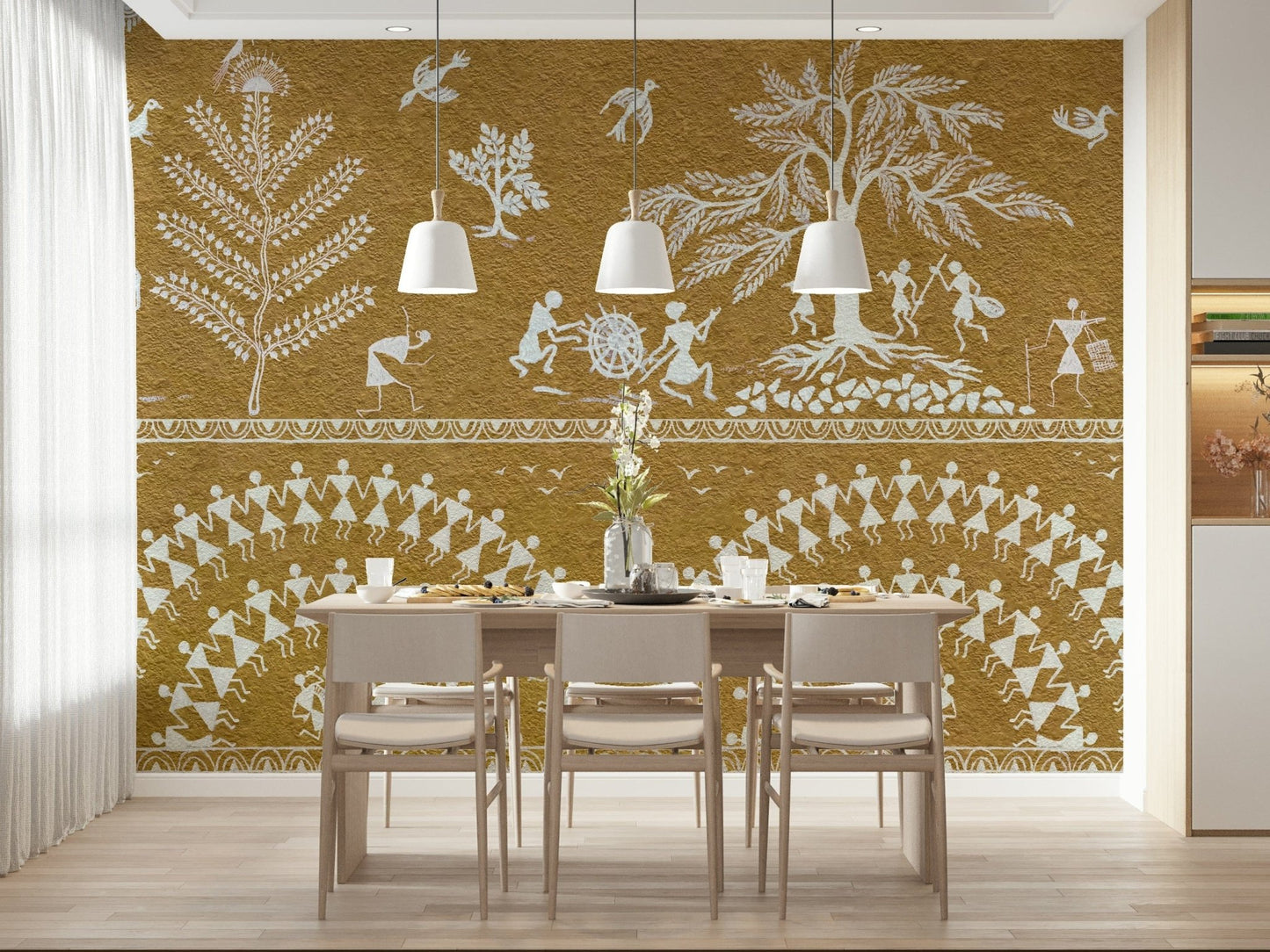 Artistic tribal wallpaper in a dining room with modern black fixtures.