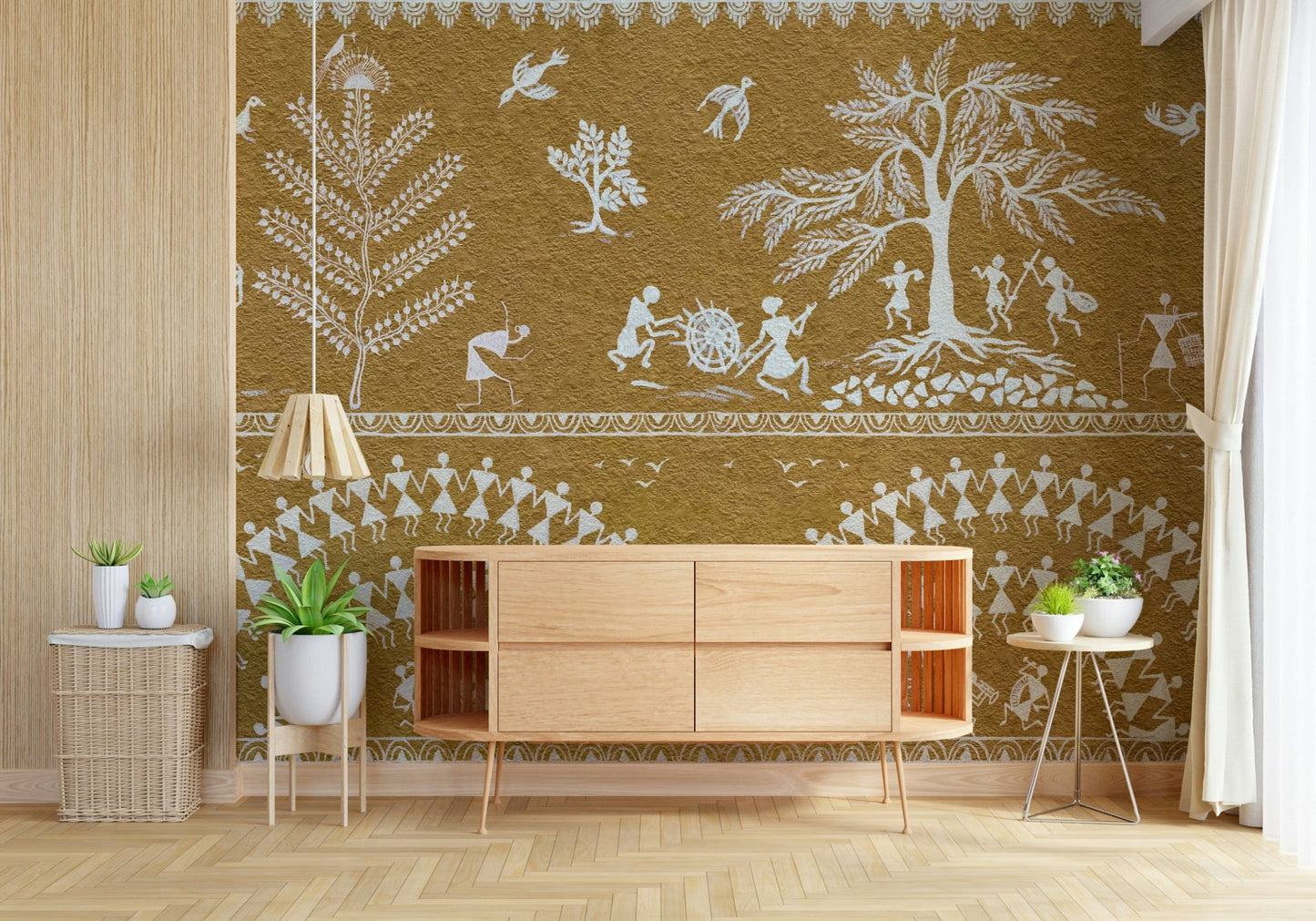 Tribal Dance Wall Mural featuring abstract dancing figures in a modern apartment.