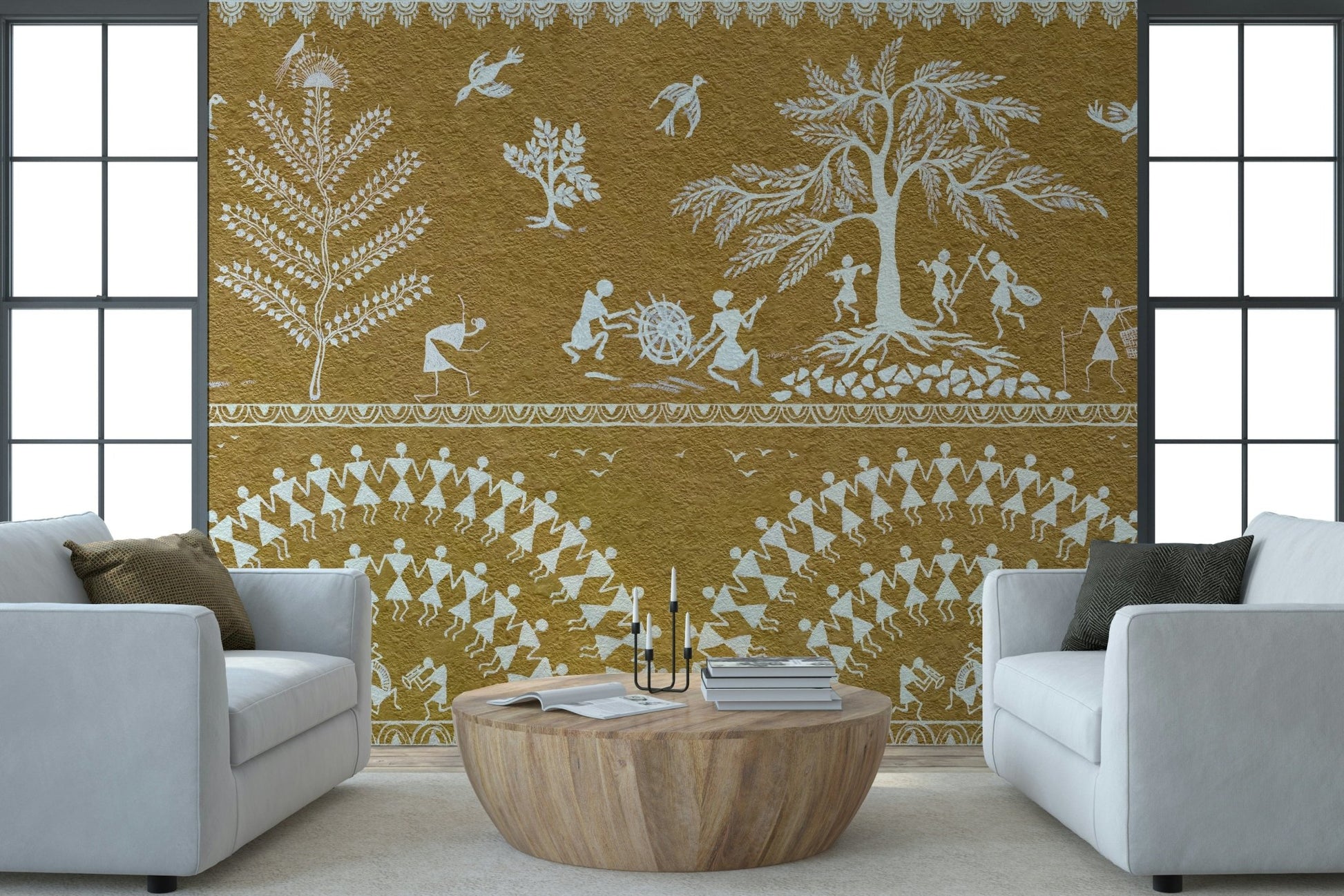 Minimalist ethnic pattern mural on a feature wall in a home office.