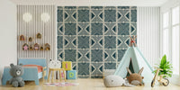 Ethnic print blue wallpaper for a creative sitting room feature wall.