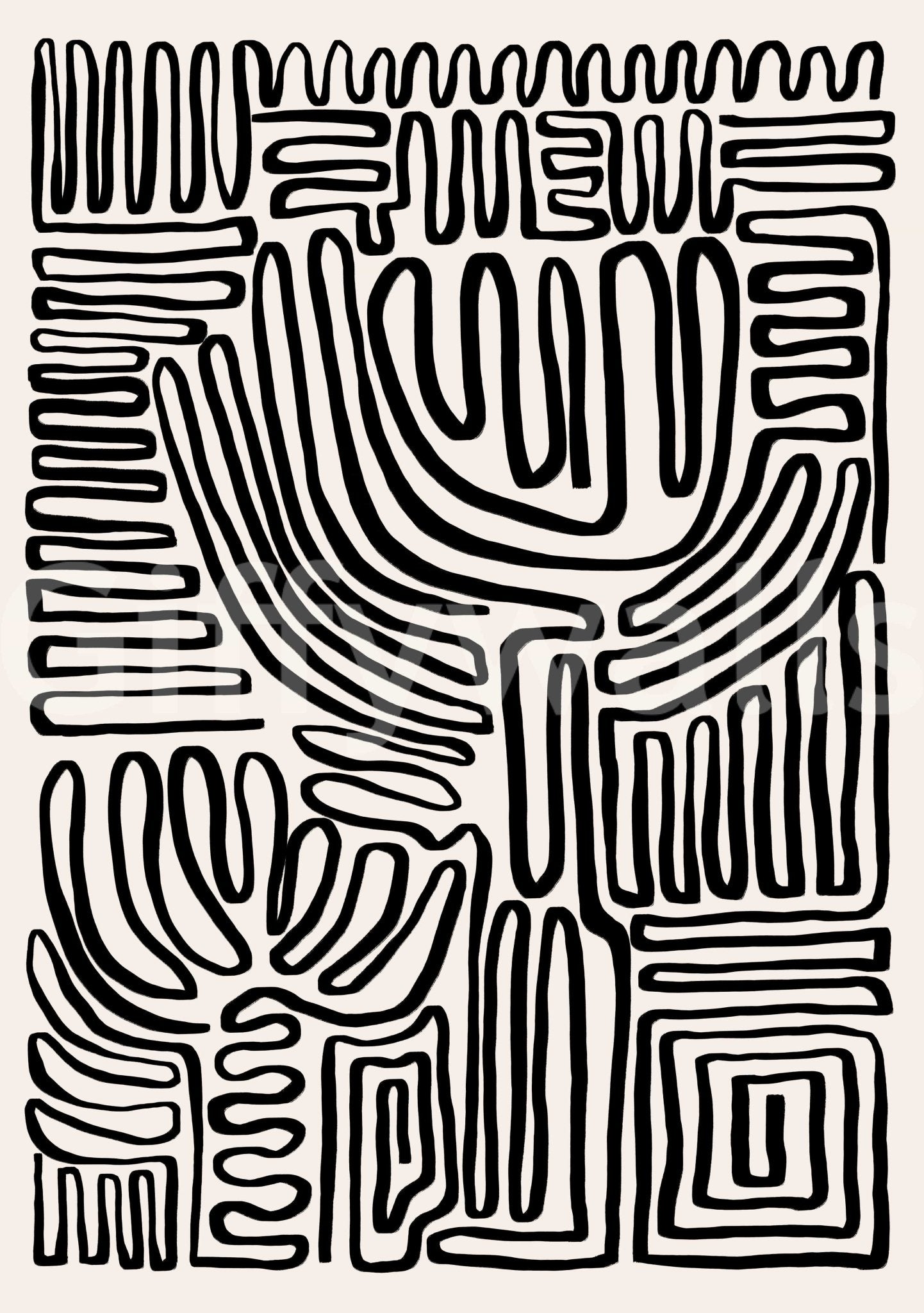 Tribal Echo wallpaper mural shown as a full-wall design of black abstract squiggly lines on cream