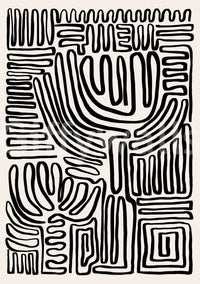 Tribal Echo wallpaper mural shown as a full-wall design of black abstract squiggly lines on cream