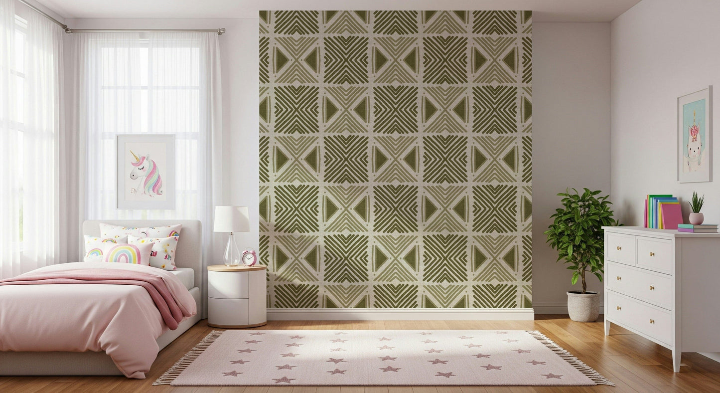 Elegant khaki patterned wall mural, unique Tribal Herbs fabric texture.