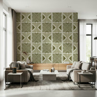 Hand-drawn style Tribal  wall mural, decorative, subtle khaki and beige fabric effect.