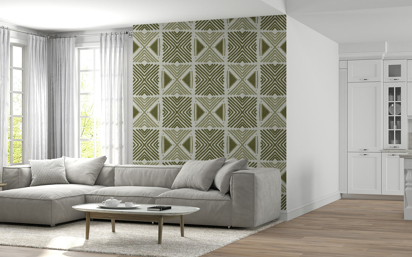 Earthy Tribal Herbs wallpaper for walls, striking, repetitive V-shapes.