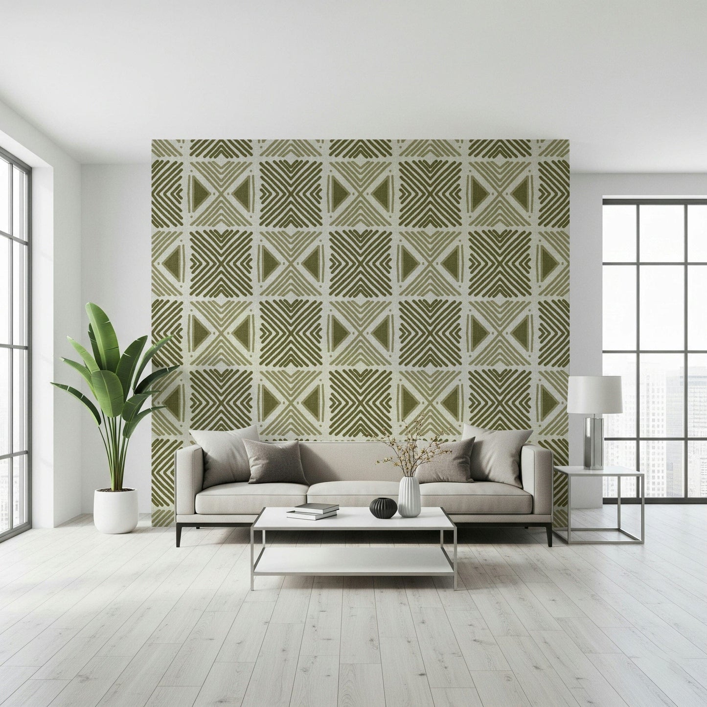 Khaki chevron and triangle design, Tribal Herbs Motif, accent wallpaper.