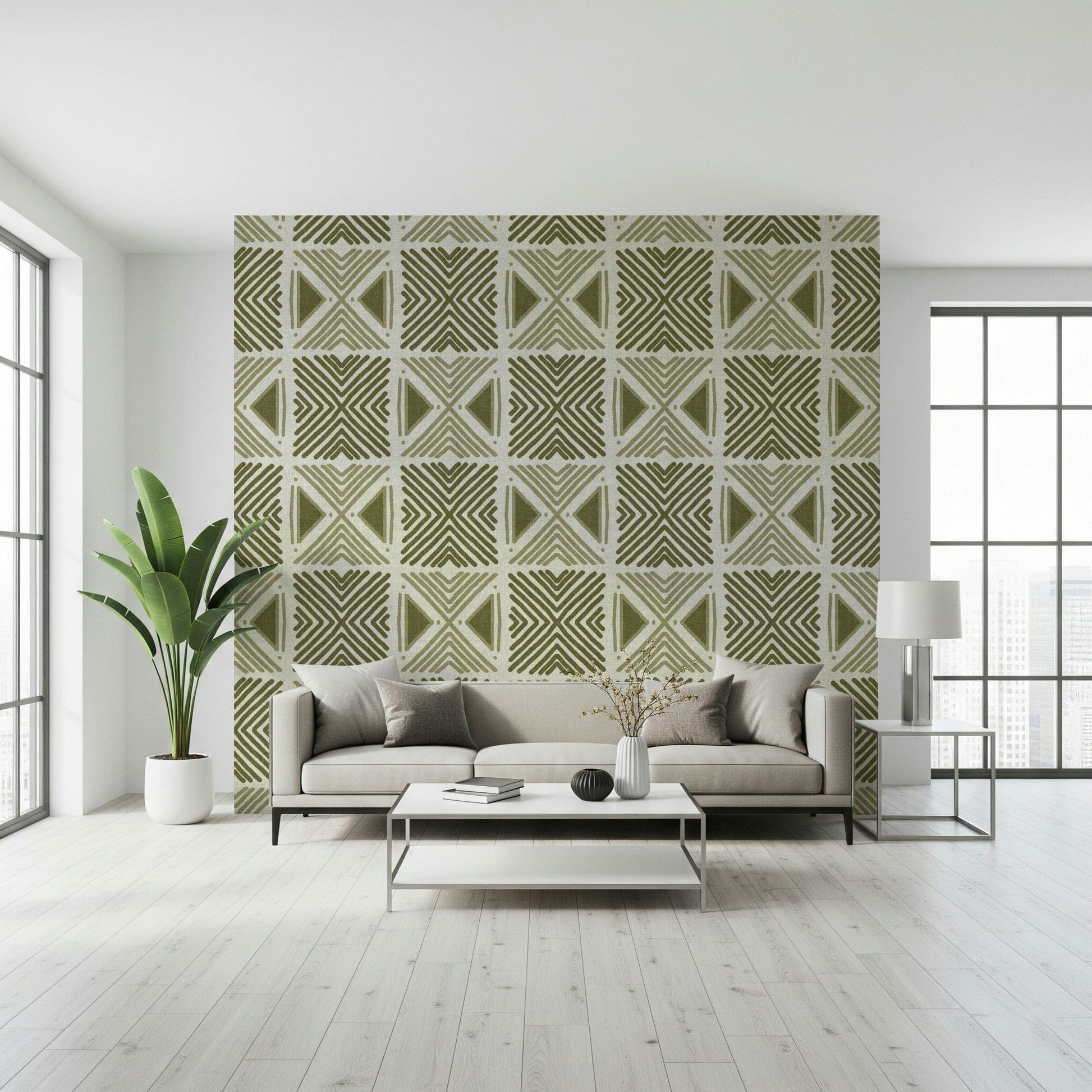 Khaki chevron and triangle design, Tribal Herbs Motif, accent wallpaper.