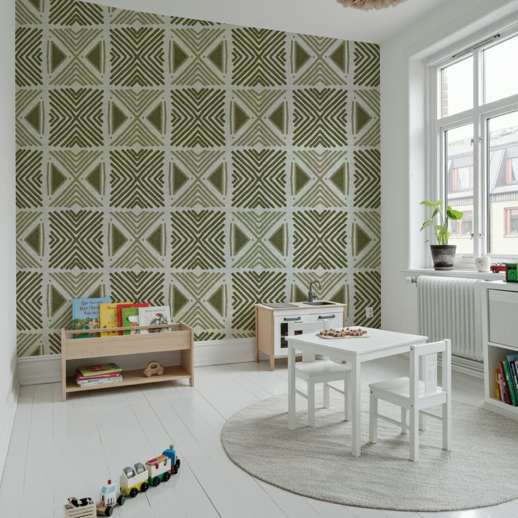 Olive green tribal print wallcovering, intricate, modern, stylish mural.