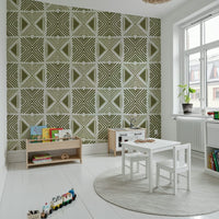 Olive green tribal print wallcovering, intricate, modern, stylish mural.