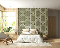 Symmetrical abstract wallcovering, Tribal Herbs design, muted color palette.
