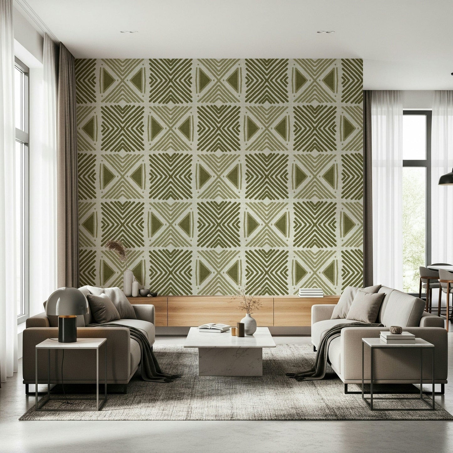 Hand-drawn style Tribal  wall mural, decorative, subtle khaki and beige fabric effect.