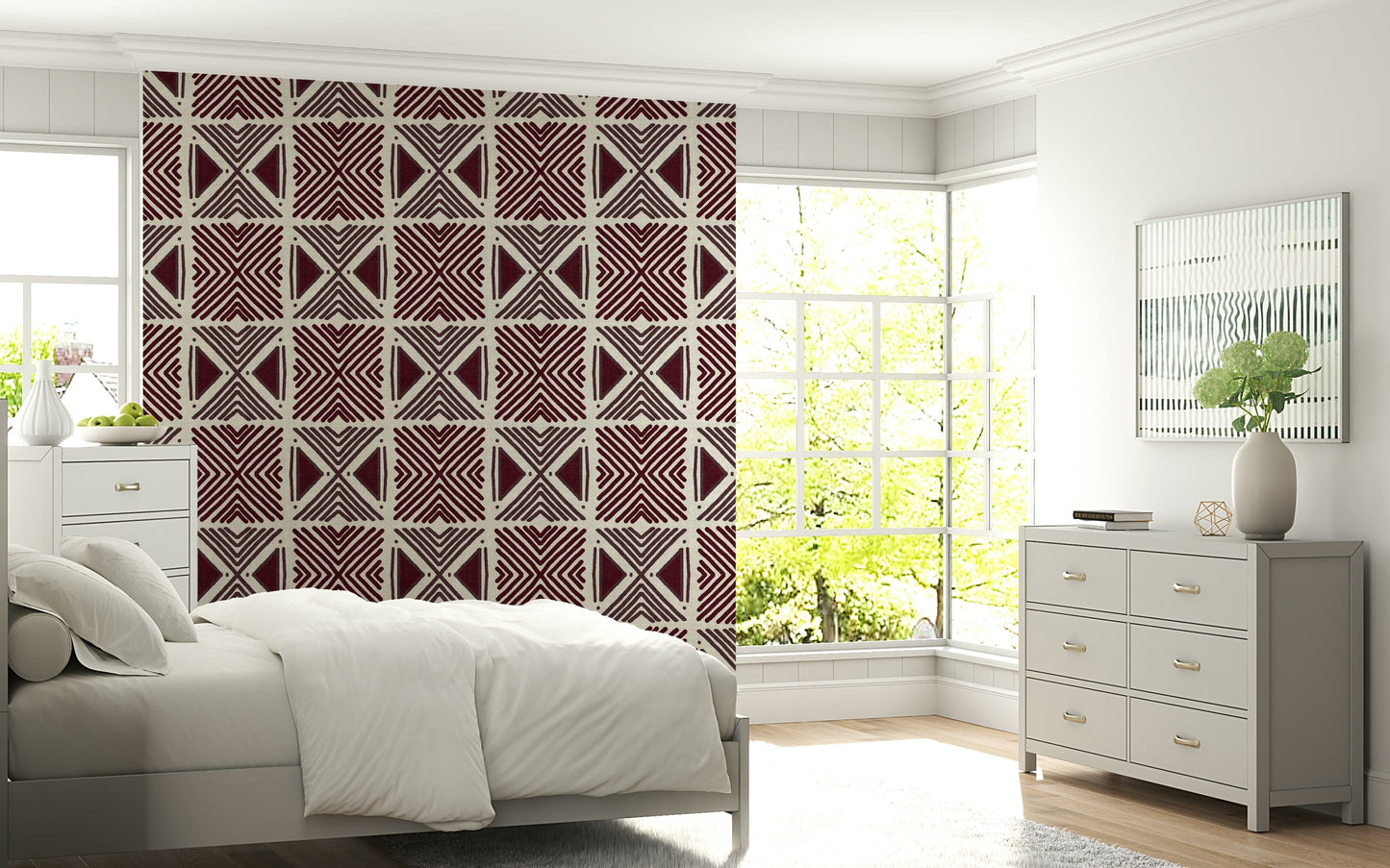 Tribal Wine Motif wall mural abstract maroon geometric chevron pattern on canvas.