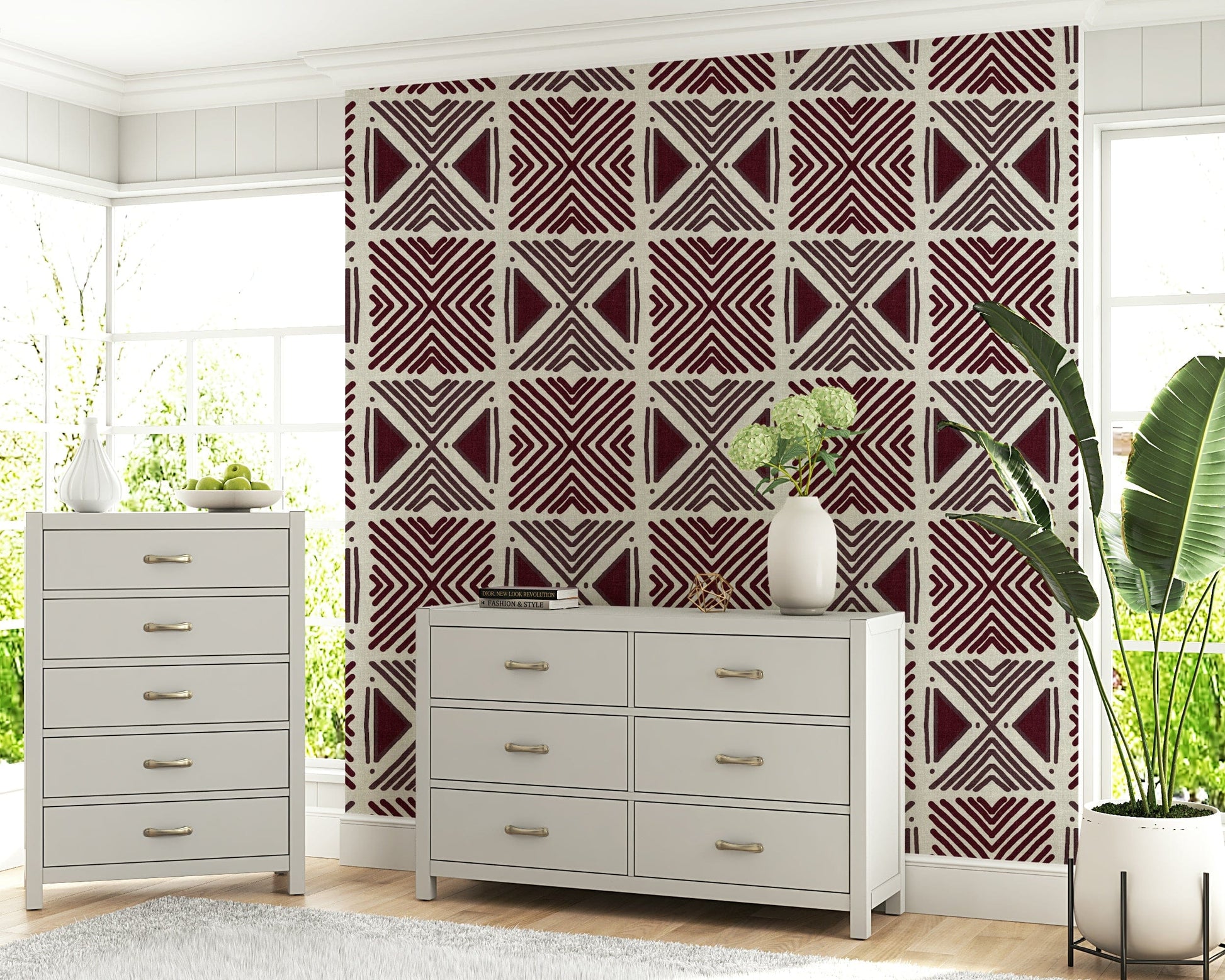 Tribal Wine Motif wallpaper with dark purple shapes, intense cultural pattern.