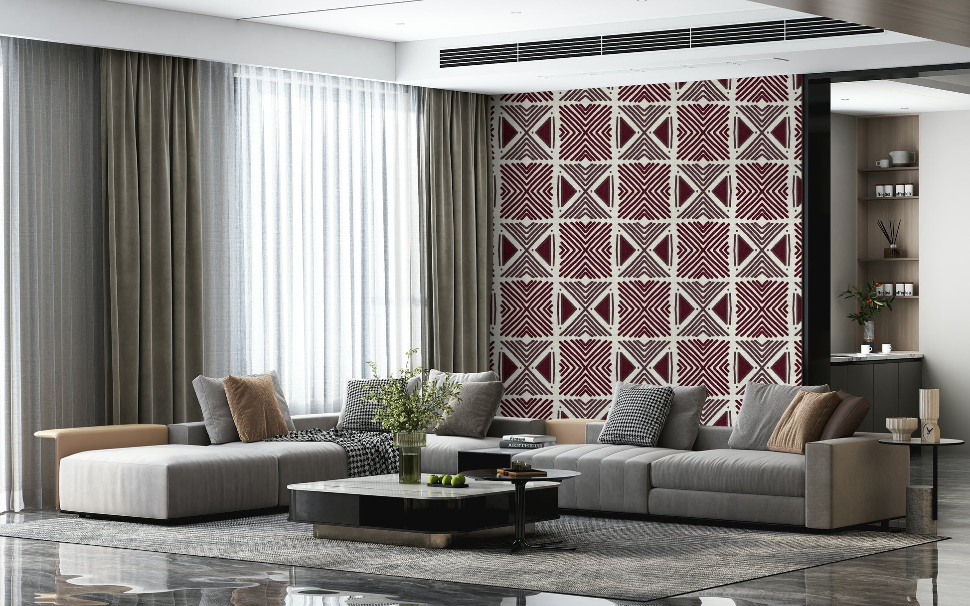 Stunning fabric-look wall mural: Tribal Wine Motif with authentic, earthy texture.