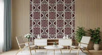 African inspired print wallpaper bold, dark magenta triangles and linear detail.