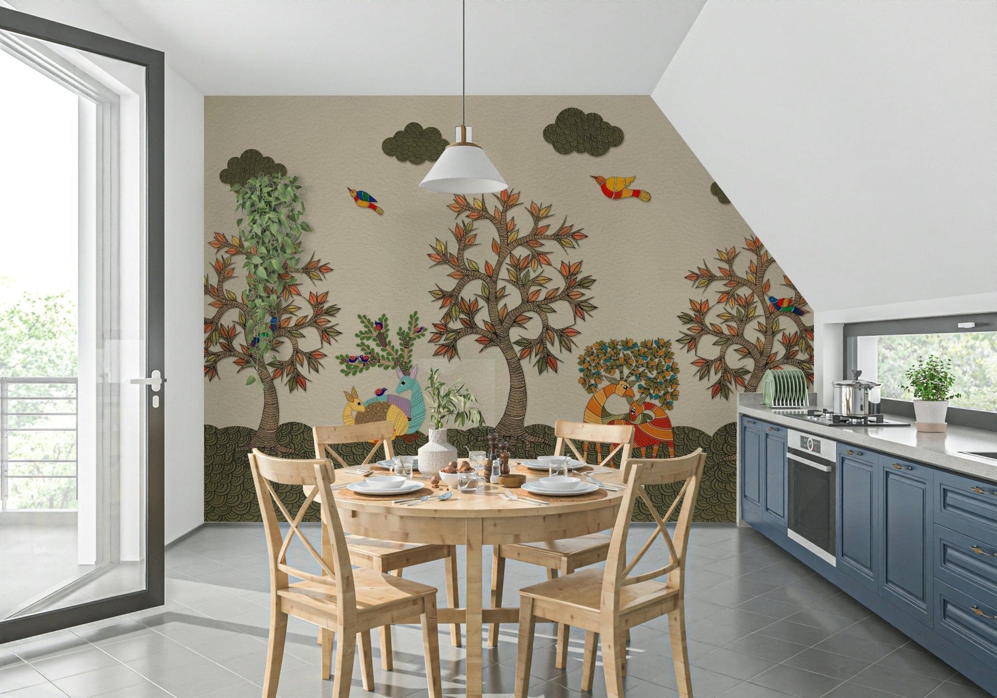 Animal wallpaper depicting a peaceful forest scene in tribal art style