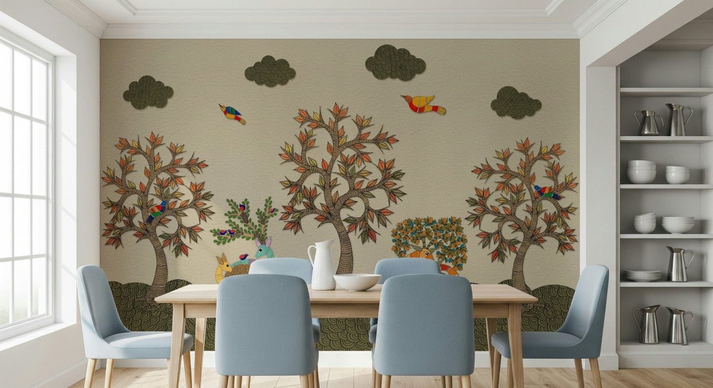 Animal wallpaper showing deer, birds, and rabbits in a tribal forest scene