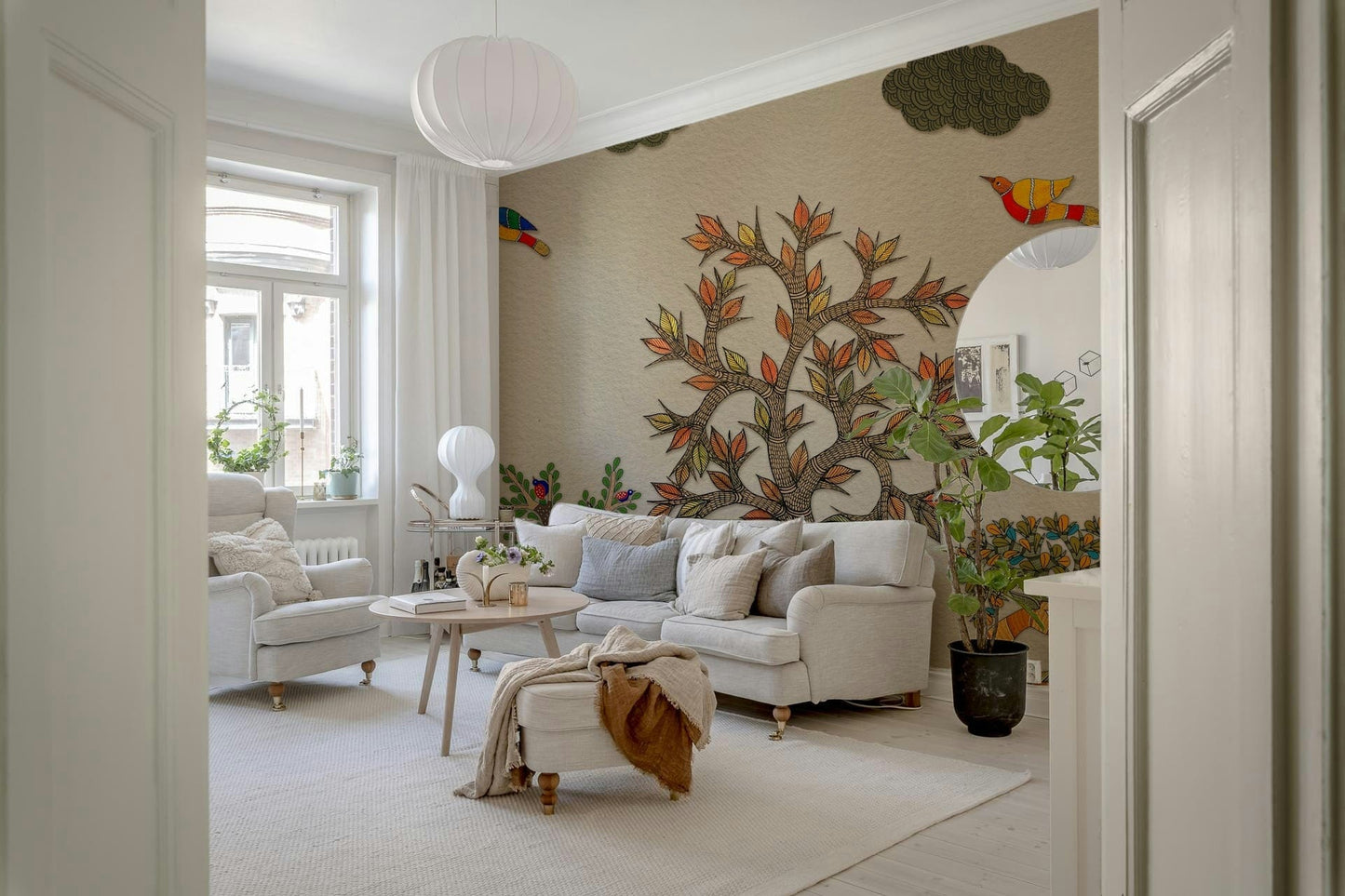 Woodland wallpaper with artistic trees and colorful birds on textured background