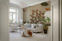 Woodland wallpaper with artistic trees and colorful birds on textured background