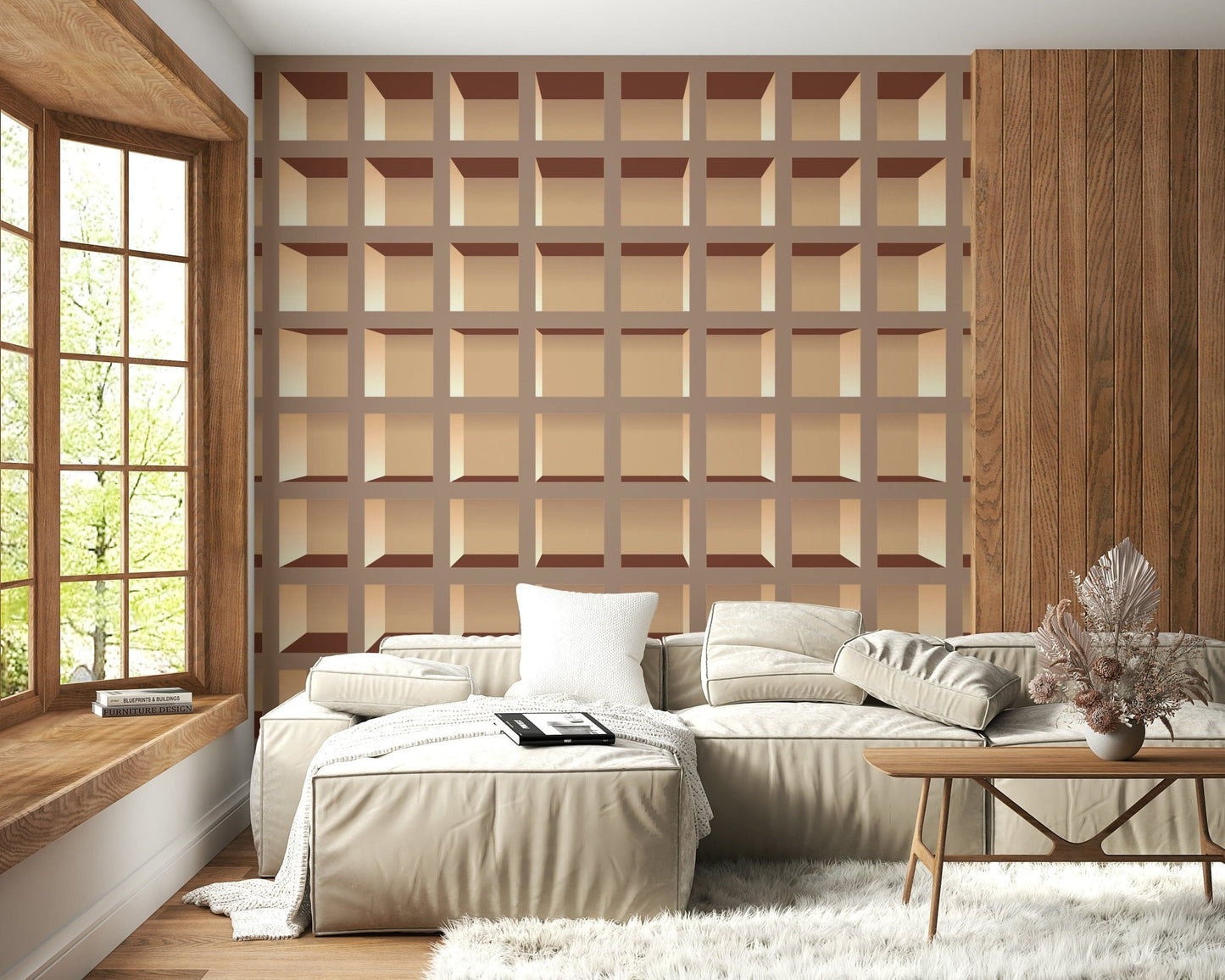 Neutral book shelf mural in hallway wall decor, clean modern look