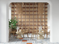 Beige and taupe bookcase mural on bedroom wall behind headboard, modern style