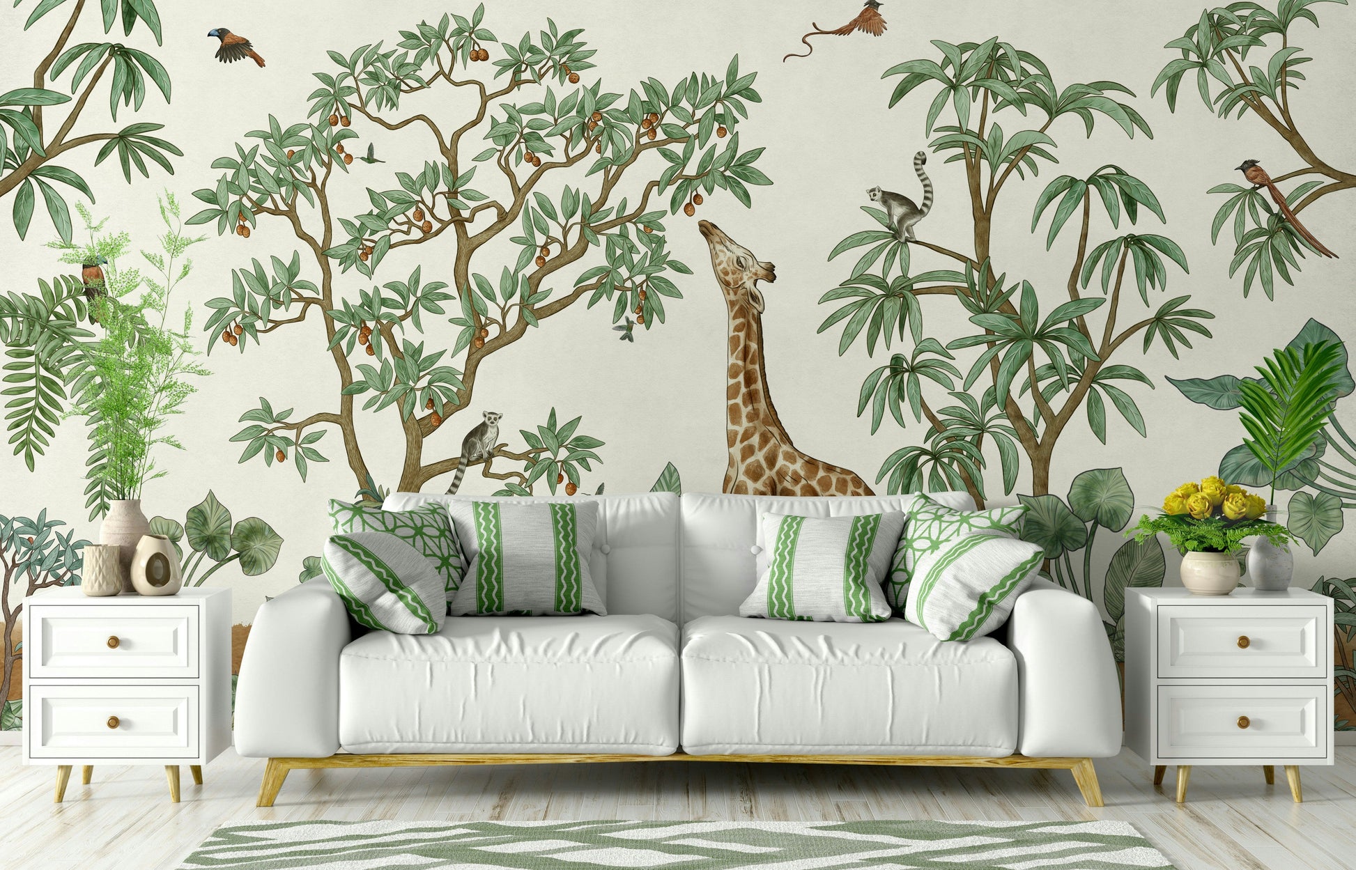 A beautiful tropical foliage wall mural for a living room.

