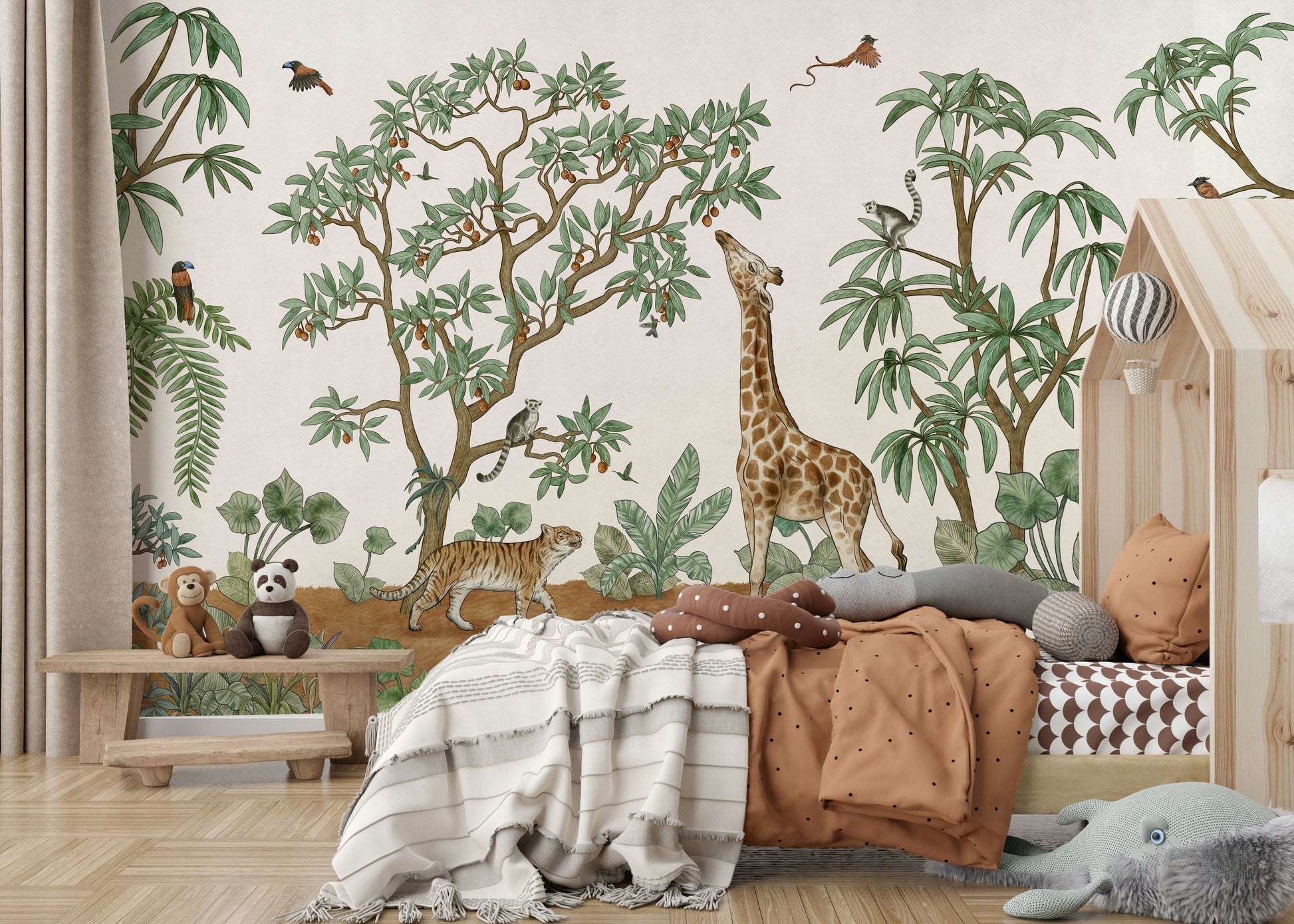 A beautiful tropical menagerie wallpaper mural with exotic animals.

