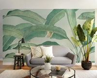 Artistic Tropical Banana Leaf office wall mural with golden line accents.