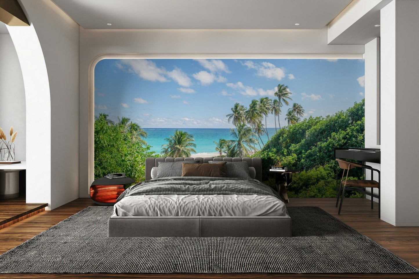 Scenic tropical beach wall design with palm shadows.

