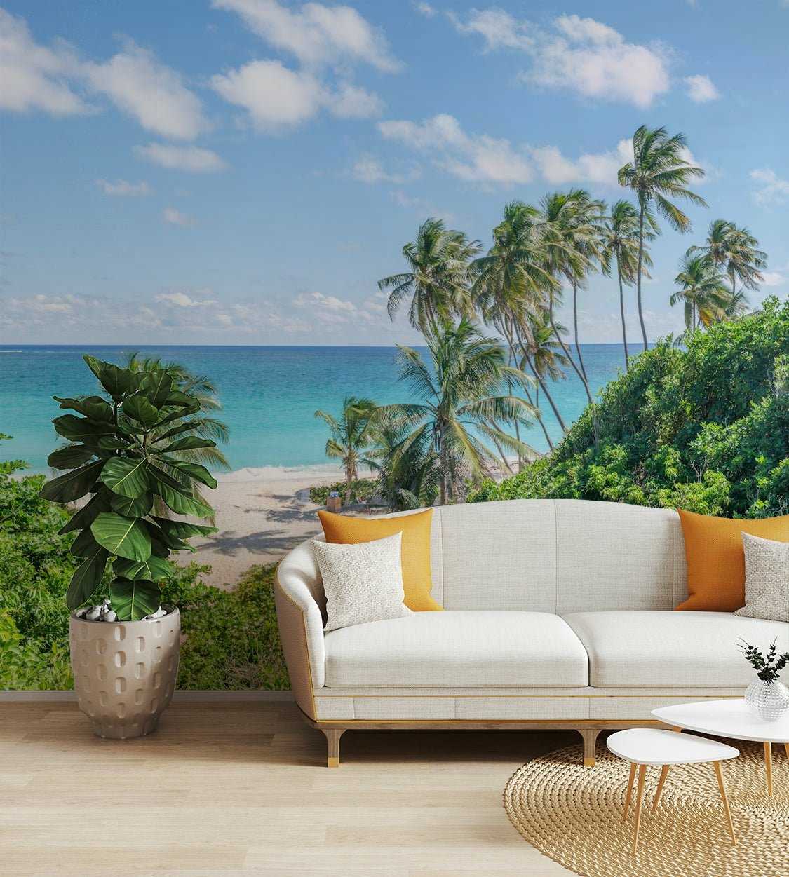 Lush tropical greenery and beach view in wall mural.

