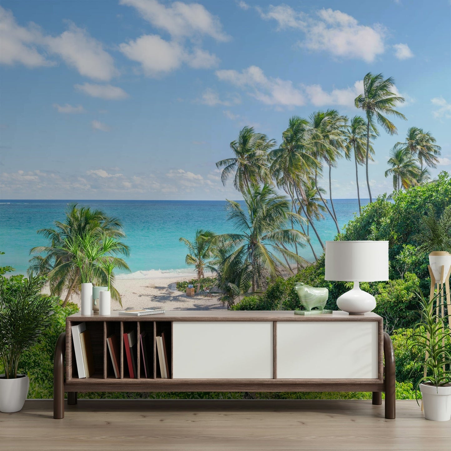 Palm tree mural with clear blue sea and sky backdrop.

