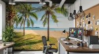 Tropical wall mural enhances open kitchen horizon