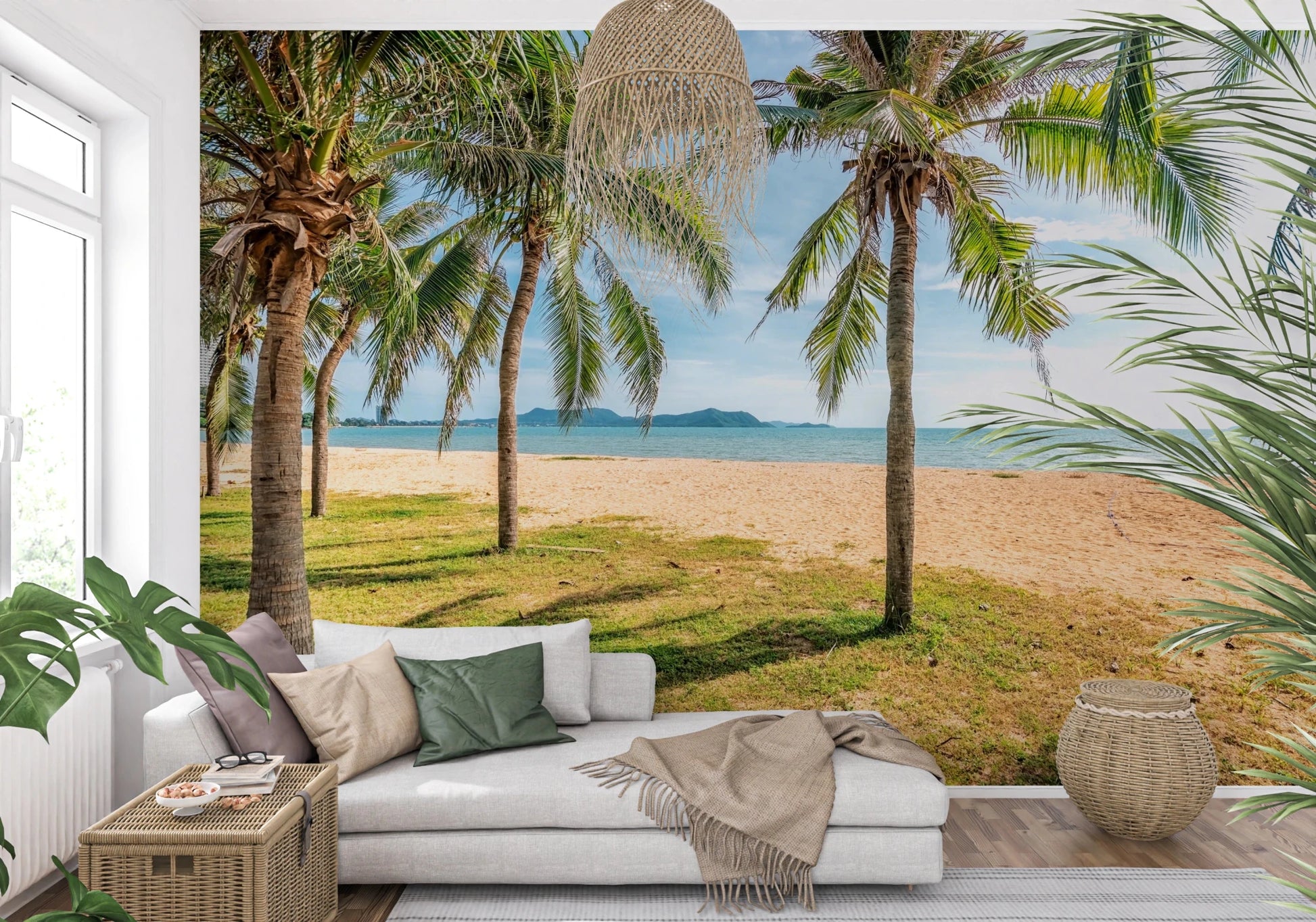 Tropical wall mural frames bright living room shore