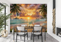 Nature inspired tropical beach dawn wallpaper for a cozy Dining room wall.