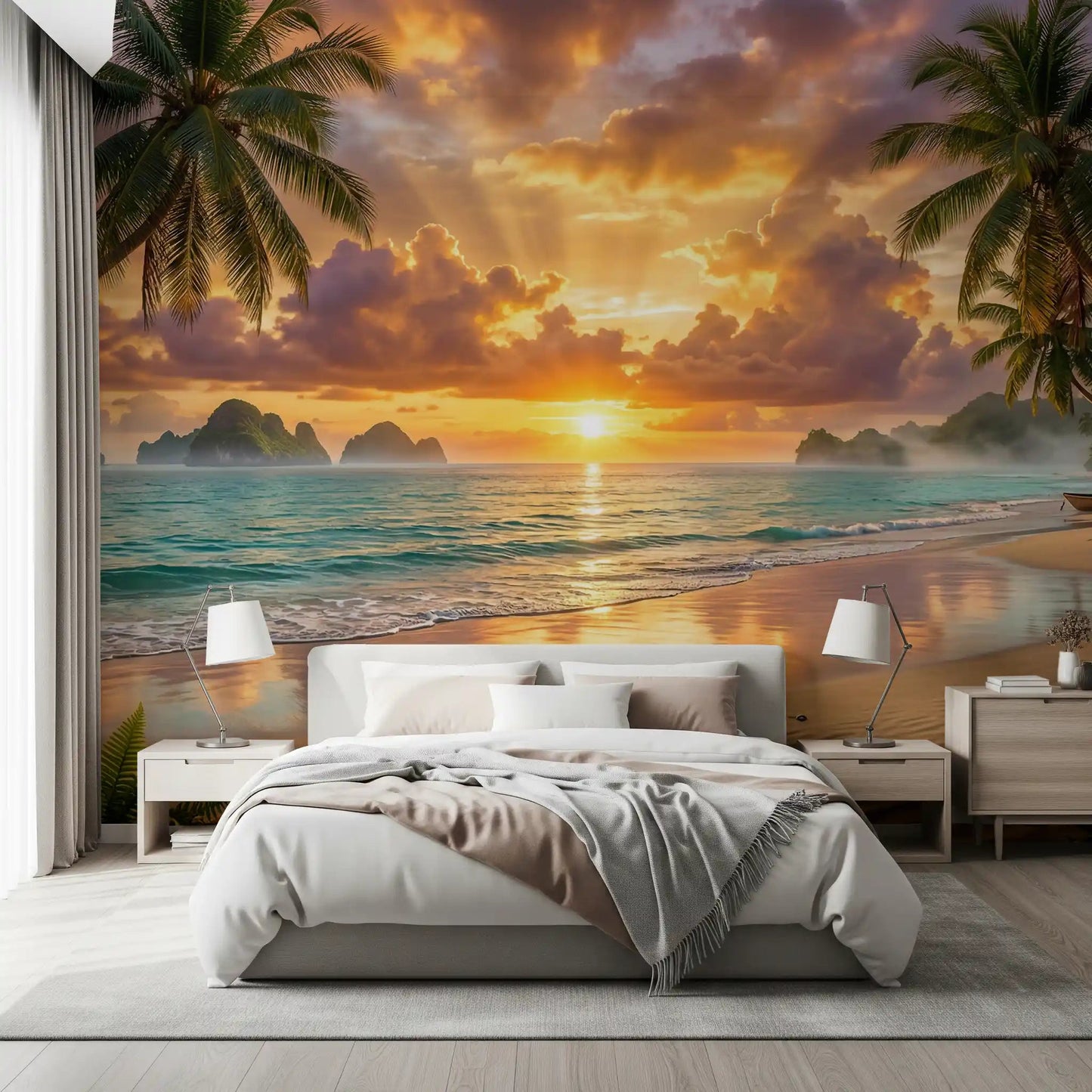 Relaxing tropical beach dawn wall mural  for a Bedroom space.