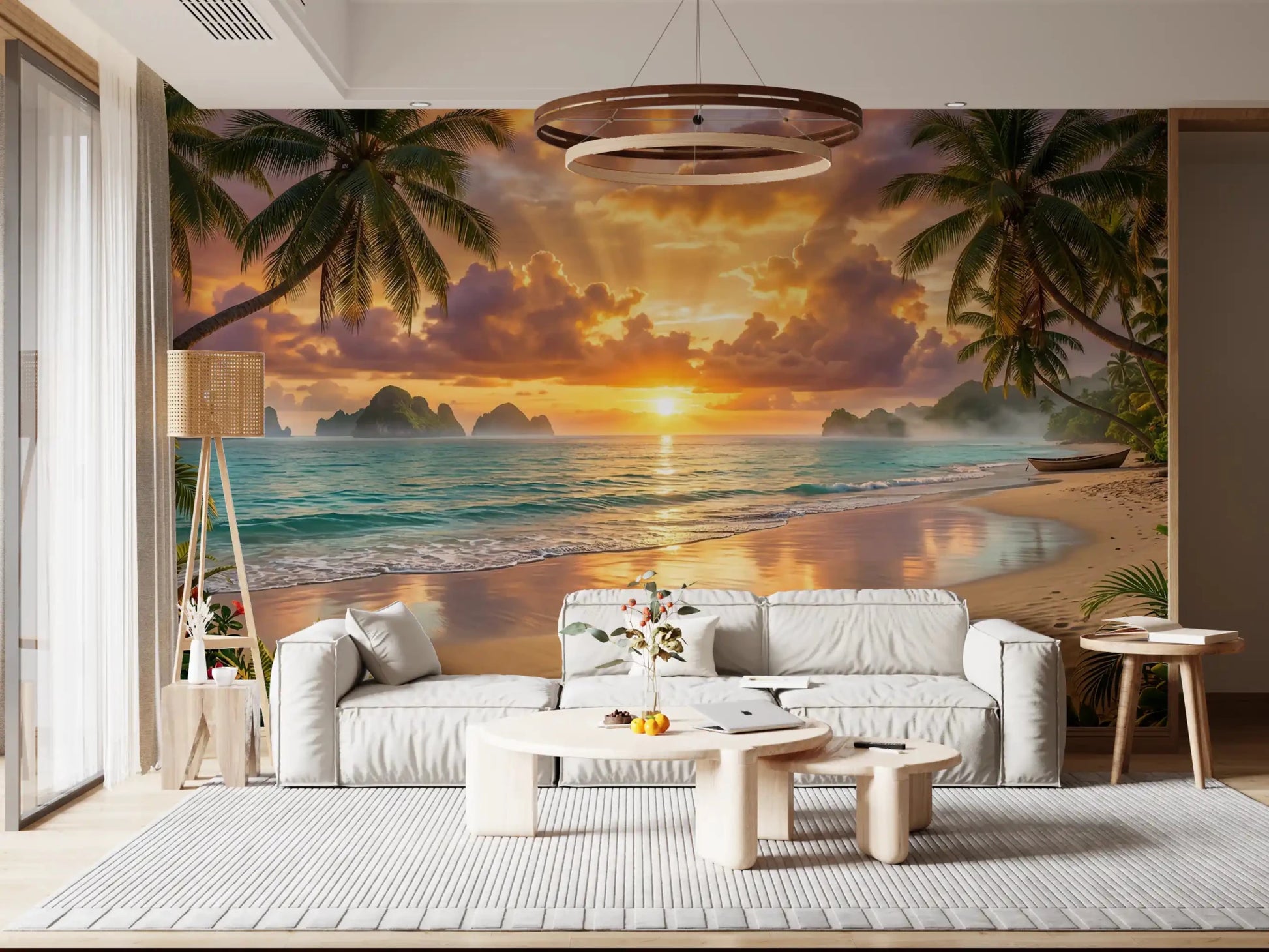 Coastal style wallpaper of a tropical beach dawn for a modern Hallway.