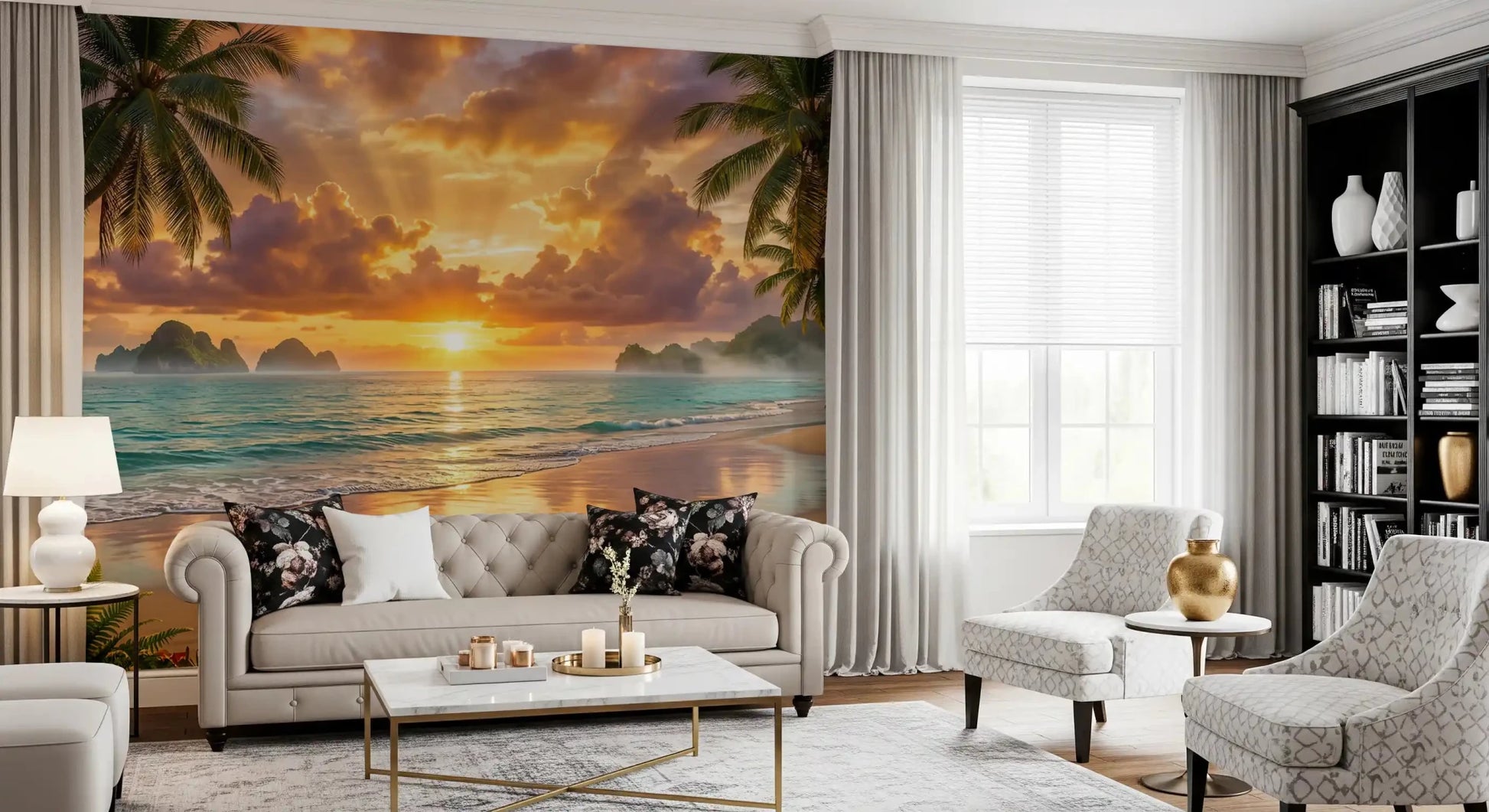 Tropical beach dawn wallpaper with sunrise hues for a bright Dining area.