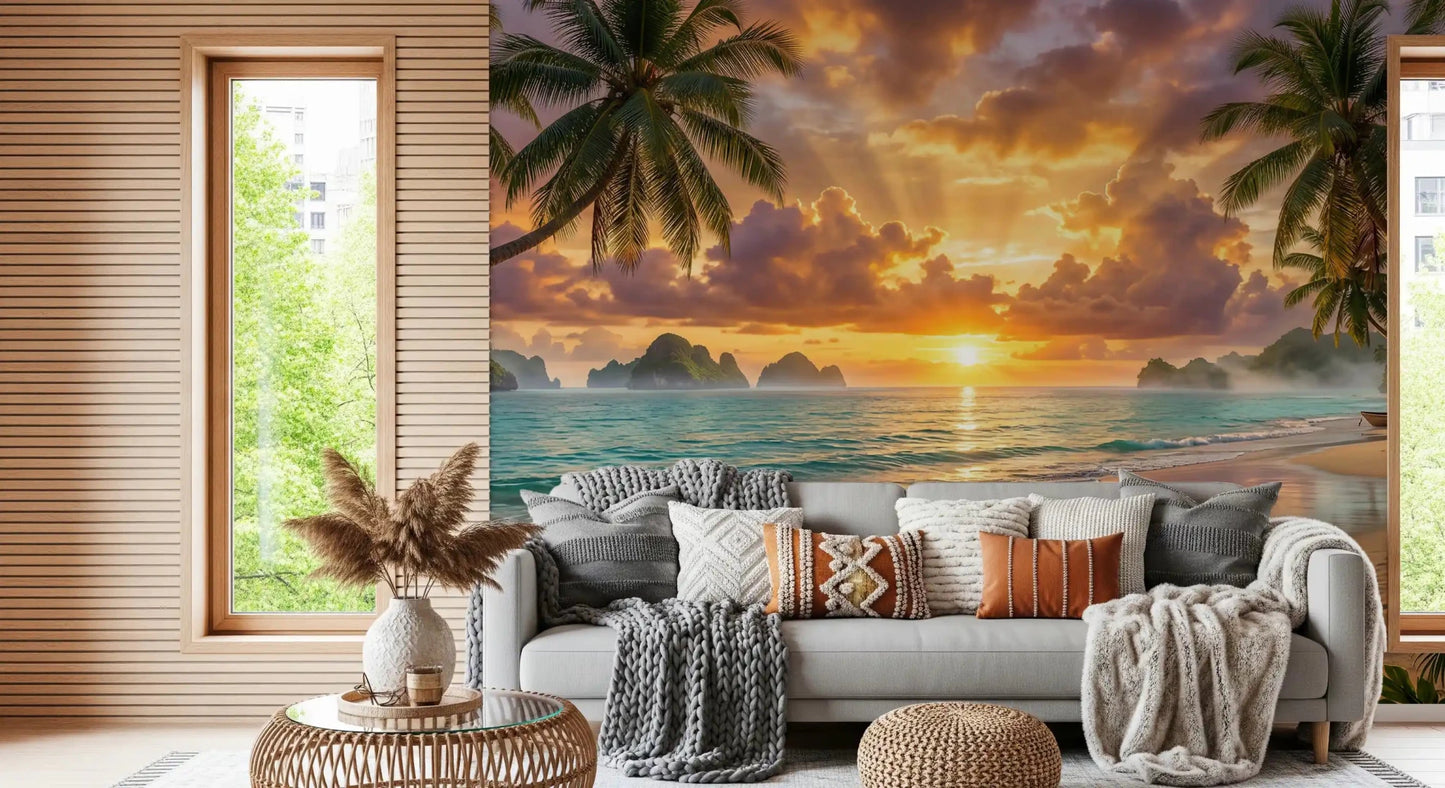 Peaceful tropical beach dawn wallpaper with gentle waves for a entryway.