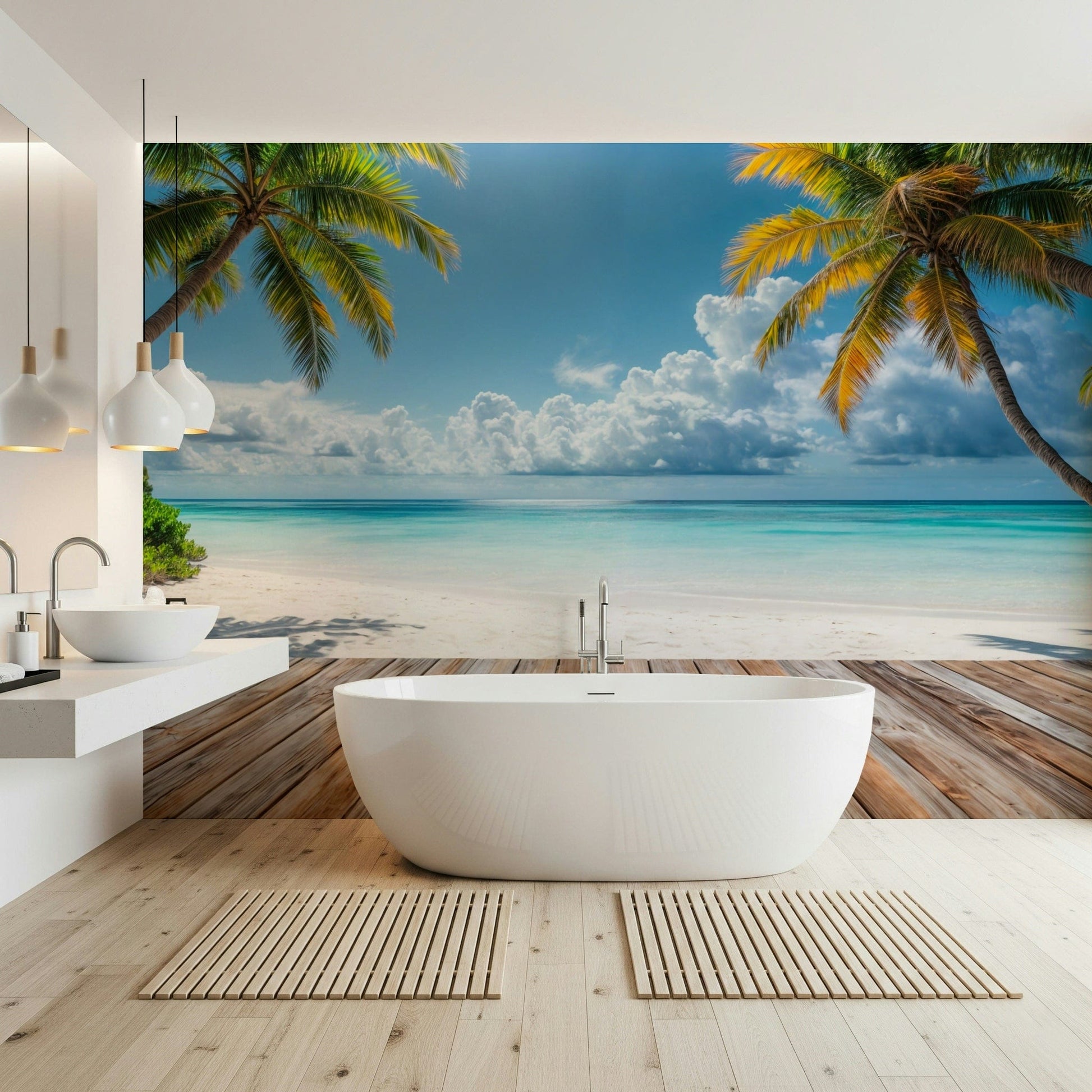 Tropical Beach View wallpaper mural of palms and turquoise sea behind a freestanding white tub in a modern bathroom
