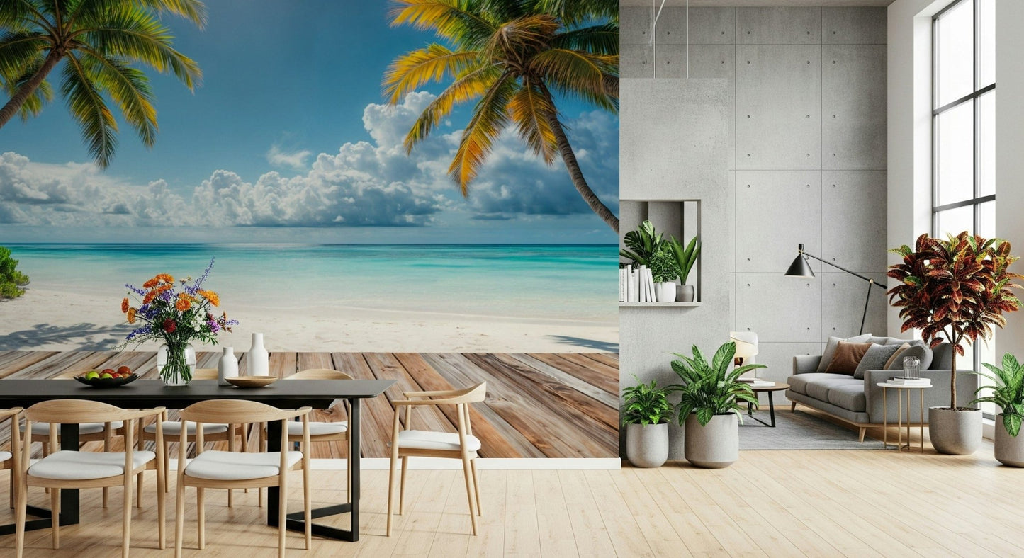 Tropical Beach View wallpaper mural of palms and sea behind an orange leather sofa and round wood table in a living room