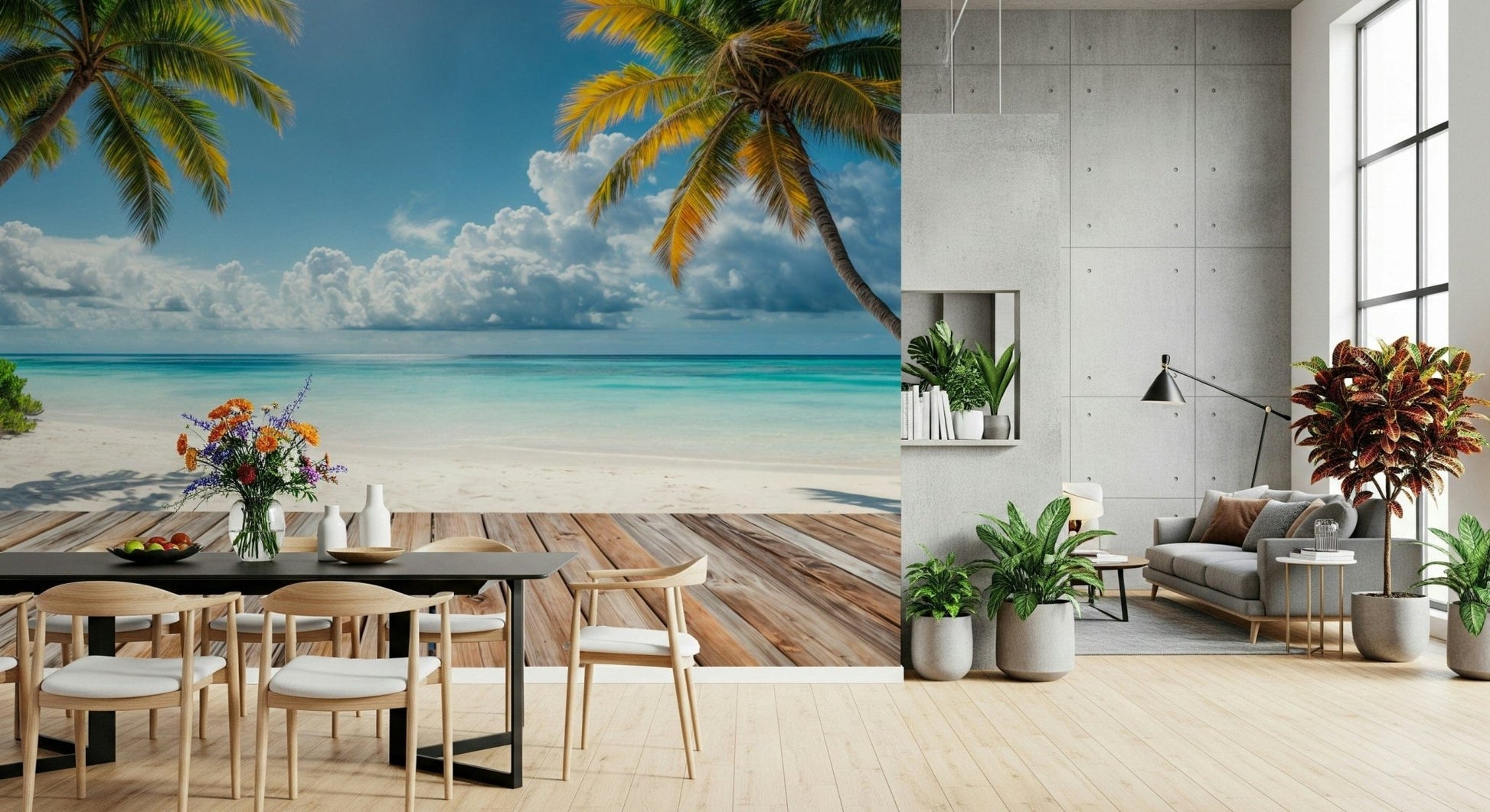 Tropical Beach View wallpaper mural of palms and sea behind an orange leather sofa and round wood table in a living room
