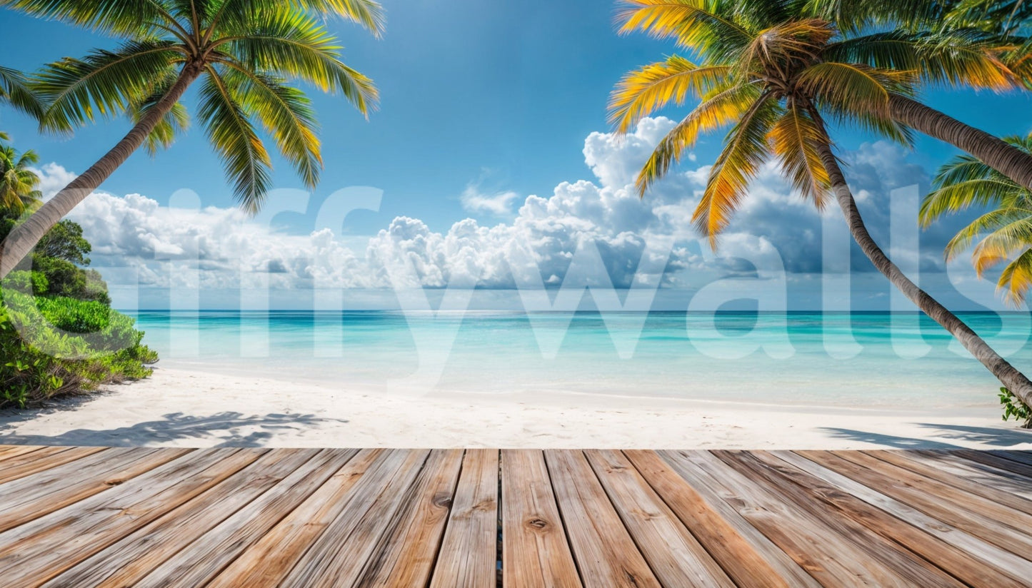 Tropical Beach View wallpaper mural shown as a full-wall scene of palms framing a turquoise beach above a wooden deck