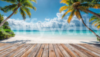 Tropical Beach View wallpaper mural shown as a full-wall scene of palms framing a turquoise beach above a wooden deck