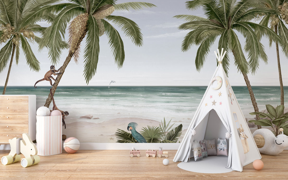 Tropical Beach wallpaper of palm trees, a monkey and ocean behind a white teepee tent in a kids room