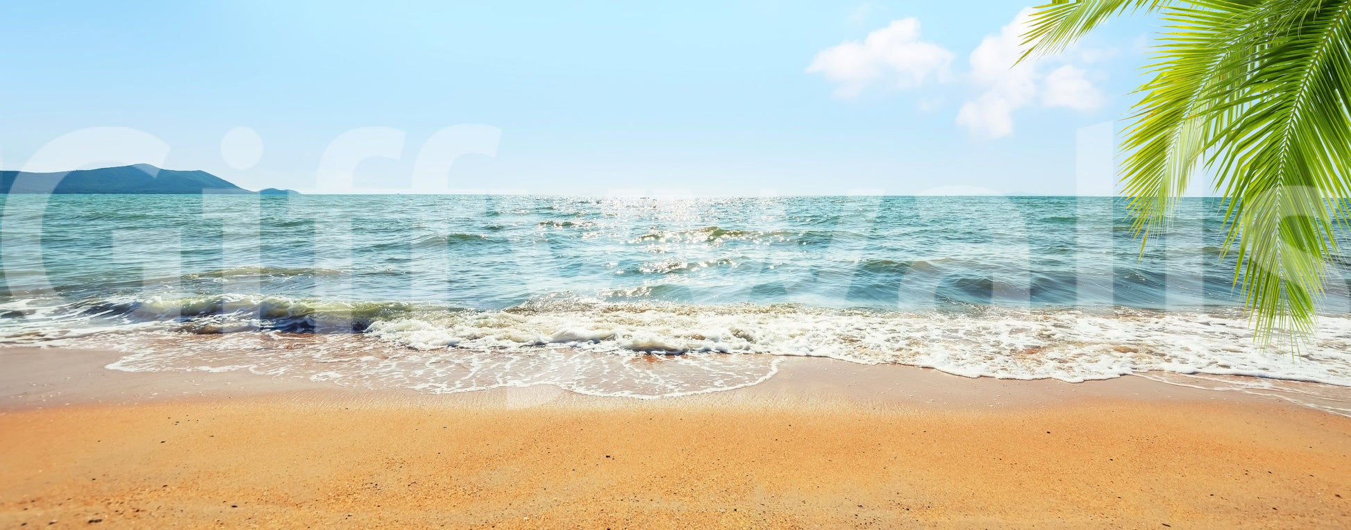 Bright sunlit beach Tropical Escape wallpaper mural.