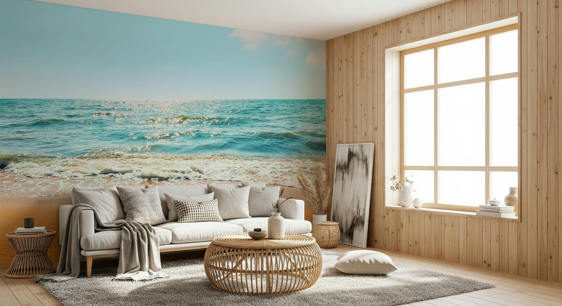 Tropical Escape golden sand beach wallpaper for walls.