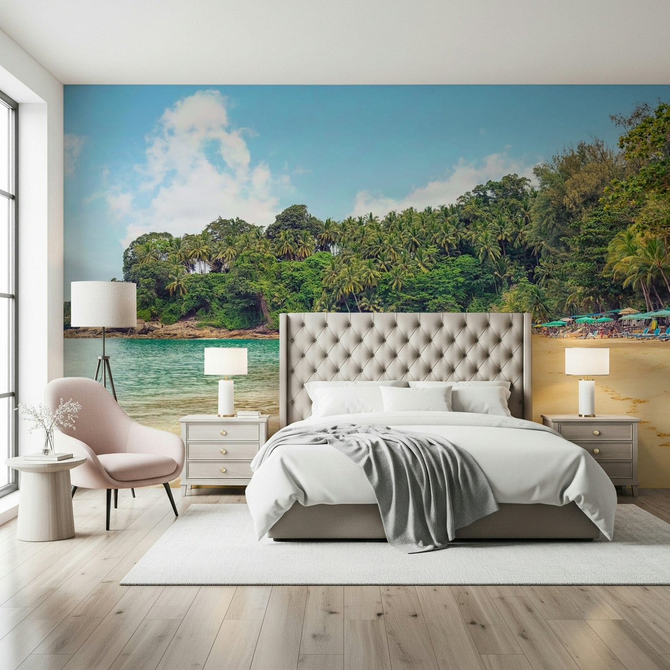 Tropical beach wall mural with calm ocean, palm trees, sky cloud wallpaper and nature view